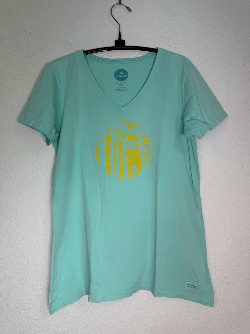 Life is Good Mint Green V-Neck Tee with Yellow Graphic, M